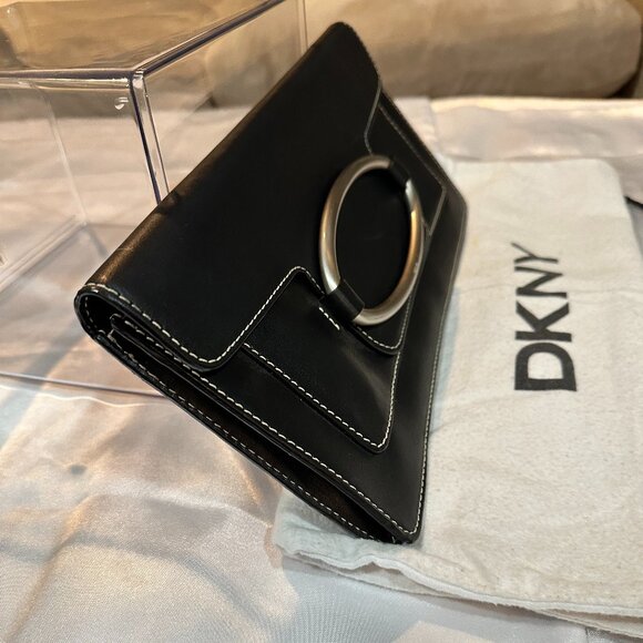 DKNY Black Nappa Leather Clutch Bag w/Brushed Nickel Hardware - Picture 3 of 12